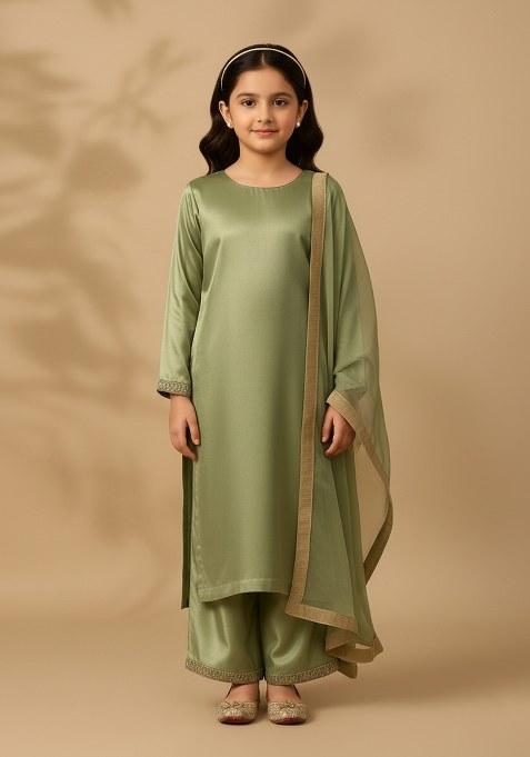 Girls Mehendi Embroidered Silk Kurta Set