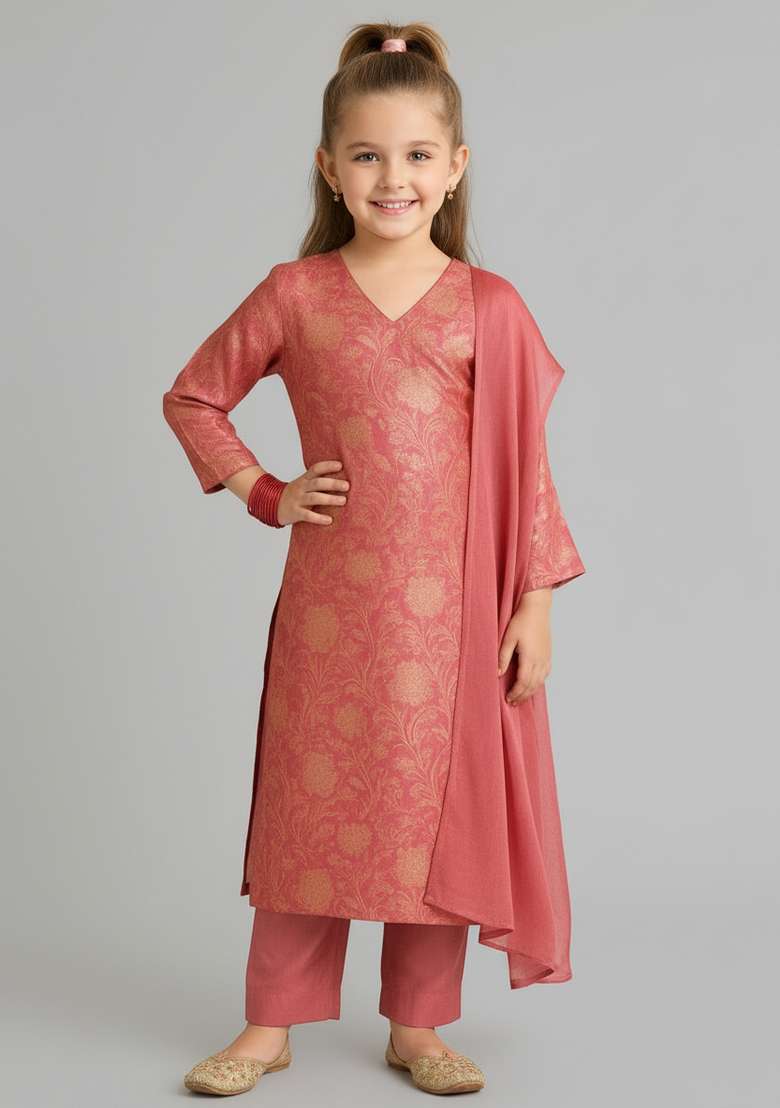 Girls Peach Brocade Kurta Set - Indya