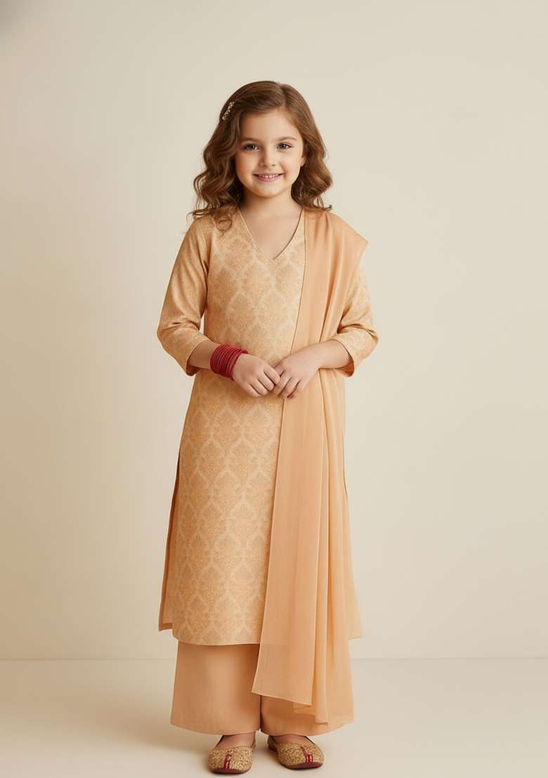 Girls Peach Brocade Kurta Set - Indya