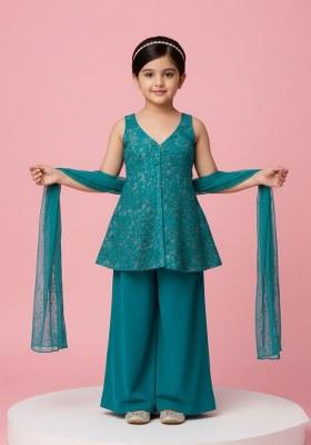 Girls Sea Blue Sequin Net Kurta Set