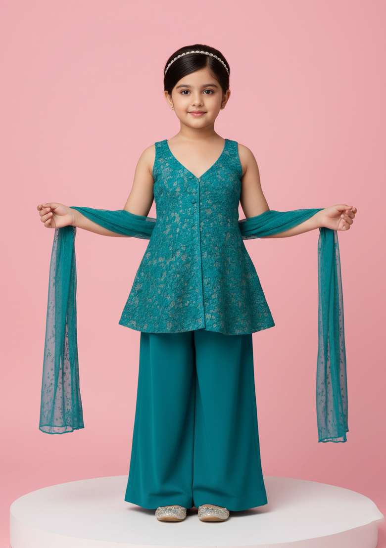 Girls Sea Blue Sequin Net Kurta Set - Indya