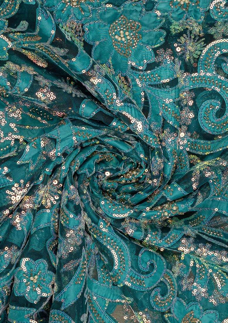 Girls Sea Blue Sequin Net Kurta Set - Indya