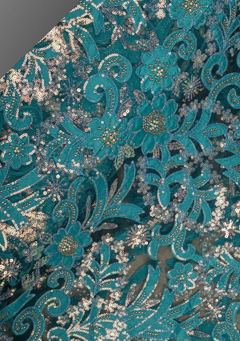 Girls Sea Blue Sequin Net Kurta Set - Indya