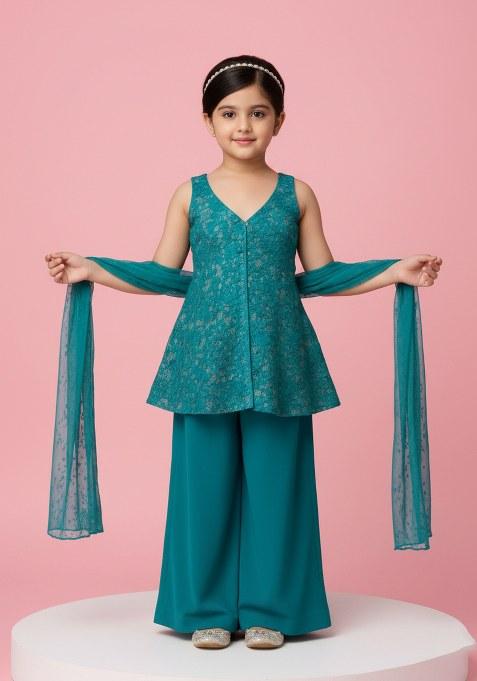 Girls Sea Blue Sequin Net Kurta Set