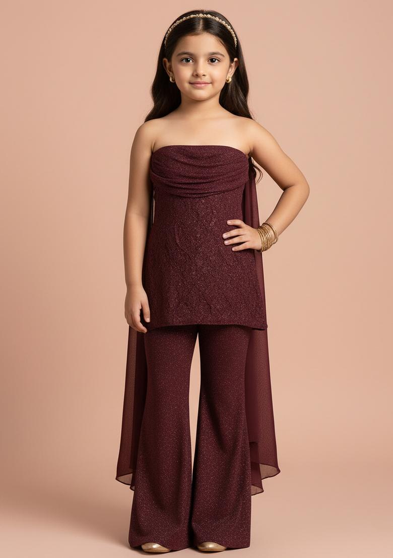 Girls Wine Brocade Sharara Set