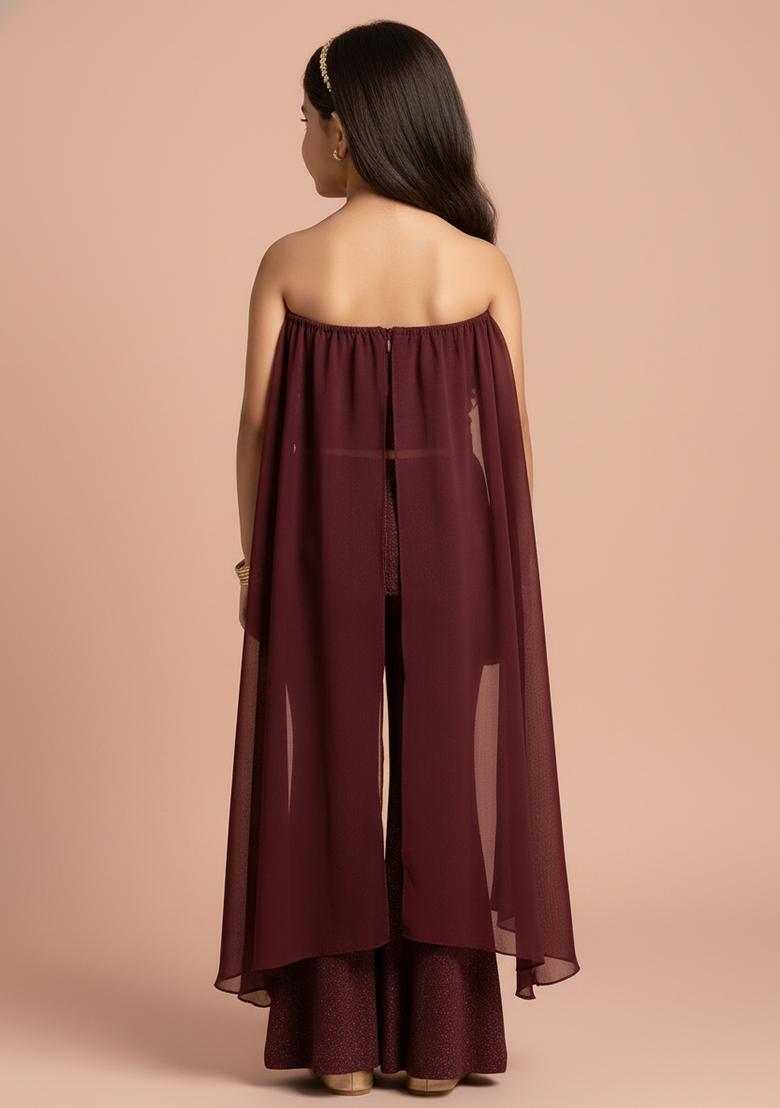 Girls Wine Brocade Sharara Set - Indya