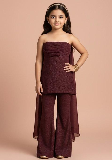 Girls Wine Brocade Sharara Set