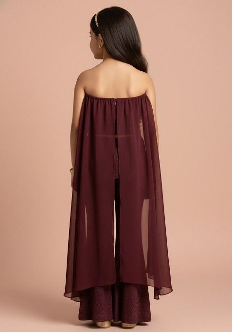 Girls Wine Brocade Sharara Set