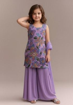 Girls Purple Embroidered Organza Sharara Set