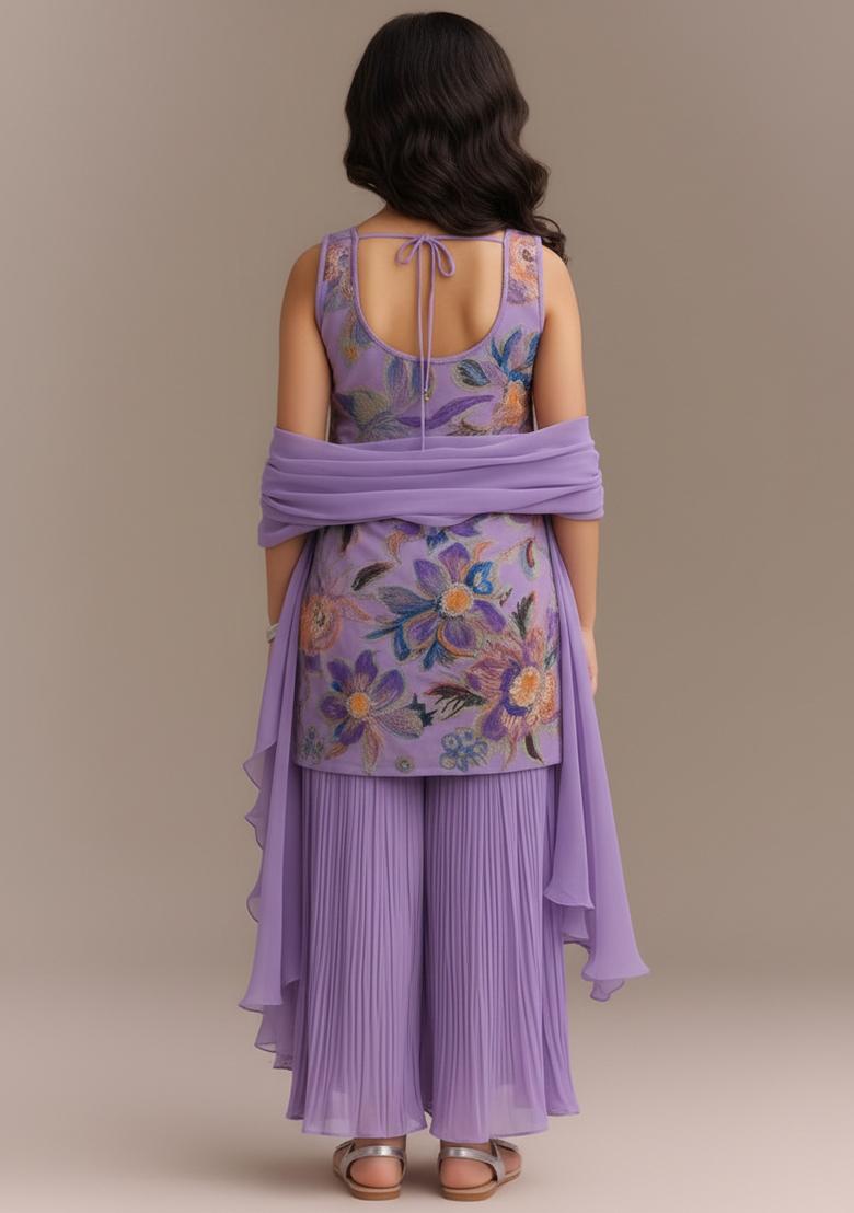 Girls Purple Embroidered Organza Sharara Set - Indya