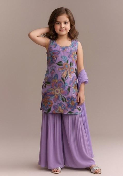 Girls Purple Embroidered Organza Sharara Set