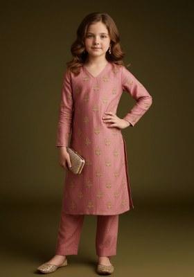 Girls Peach Embroidered Tissue Kurta Set