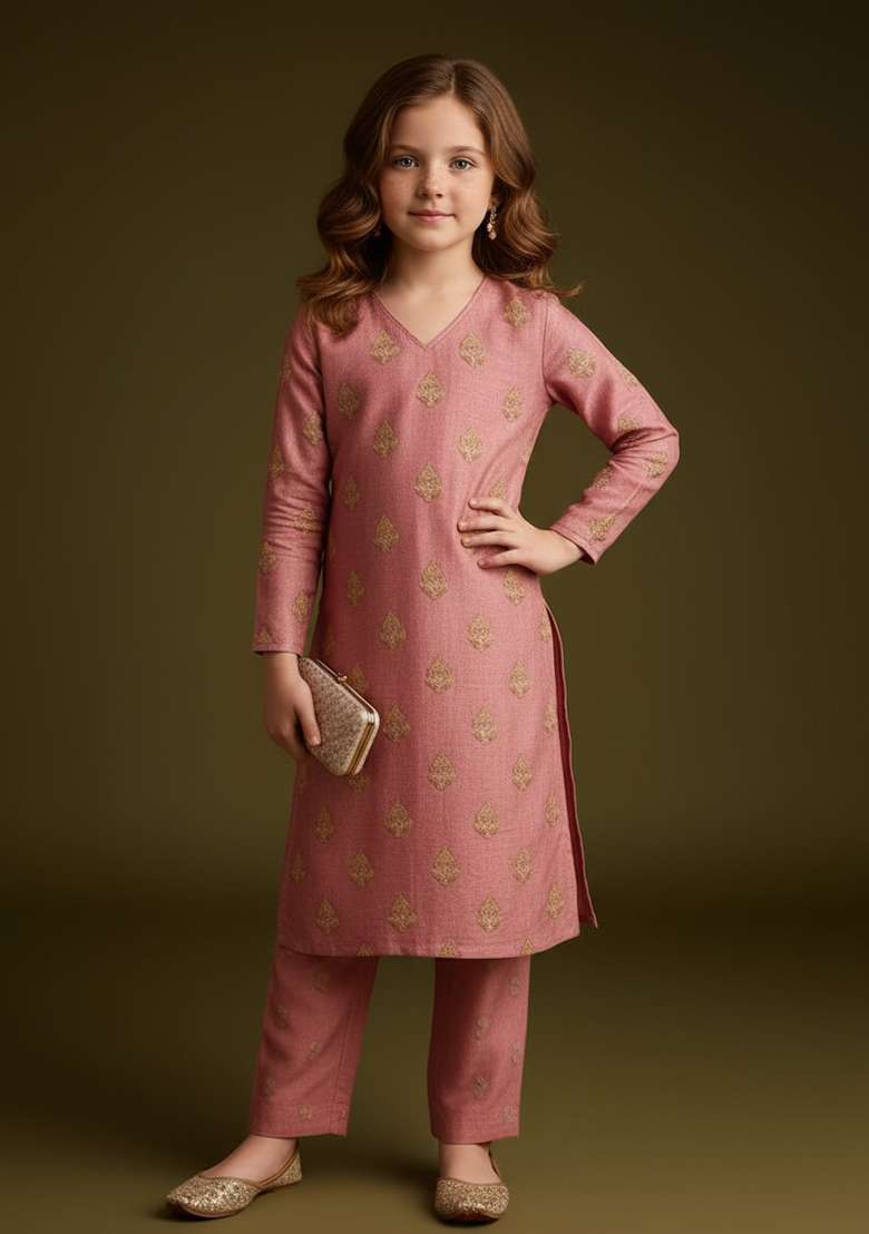 Girls Peach Embroidered Tissue Kurta Set - Indya