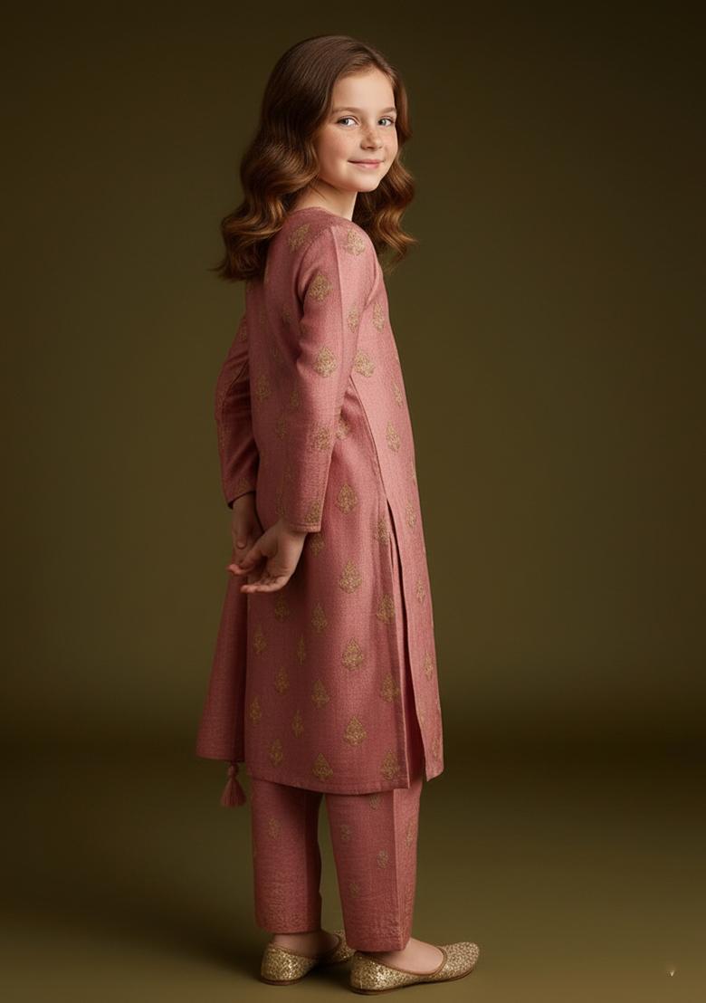 Girls Peach Embroidered Tissue Kurta Set - Indya