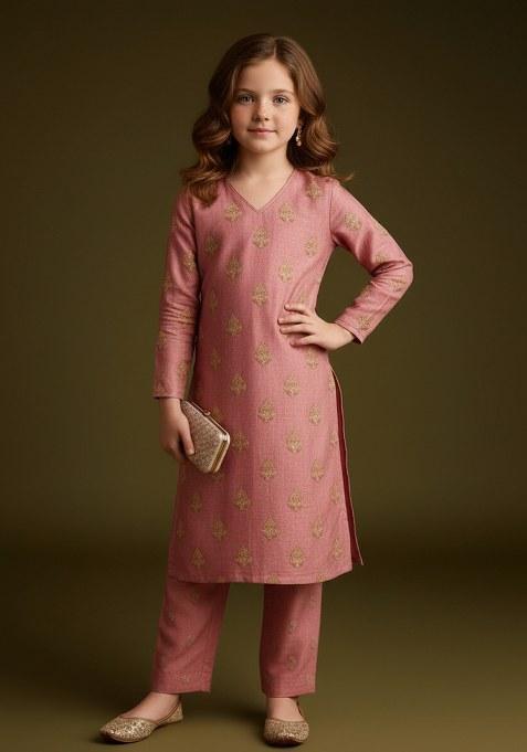 Girls Peach Embroidered Tissue Kurta Set