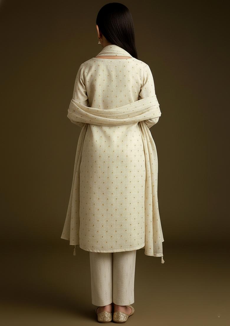 Girls Off White Embroidered Tissue Kurta Set - Indya