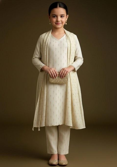 Girls Off White Embroidered Tissue Kurta Set