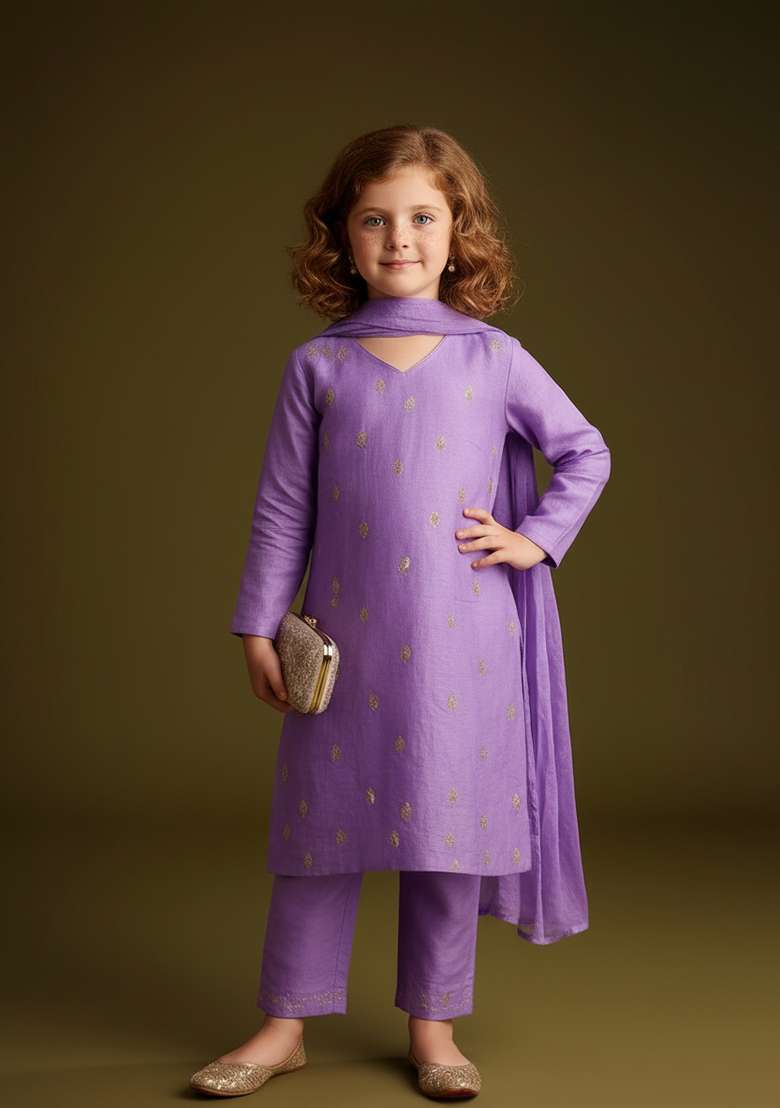 Girls Lavender Embroidered Tissue Kurta Set - Indya