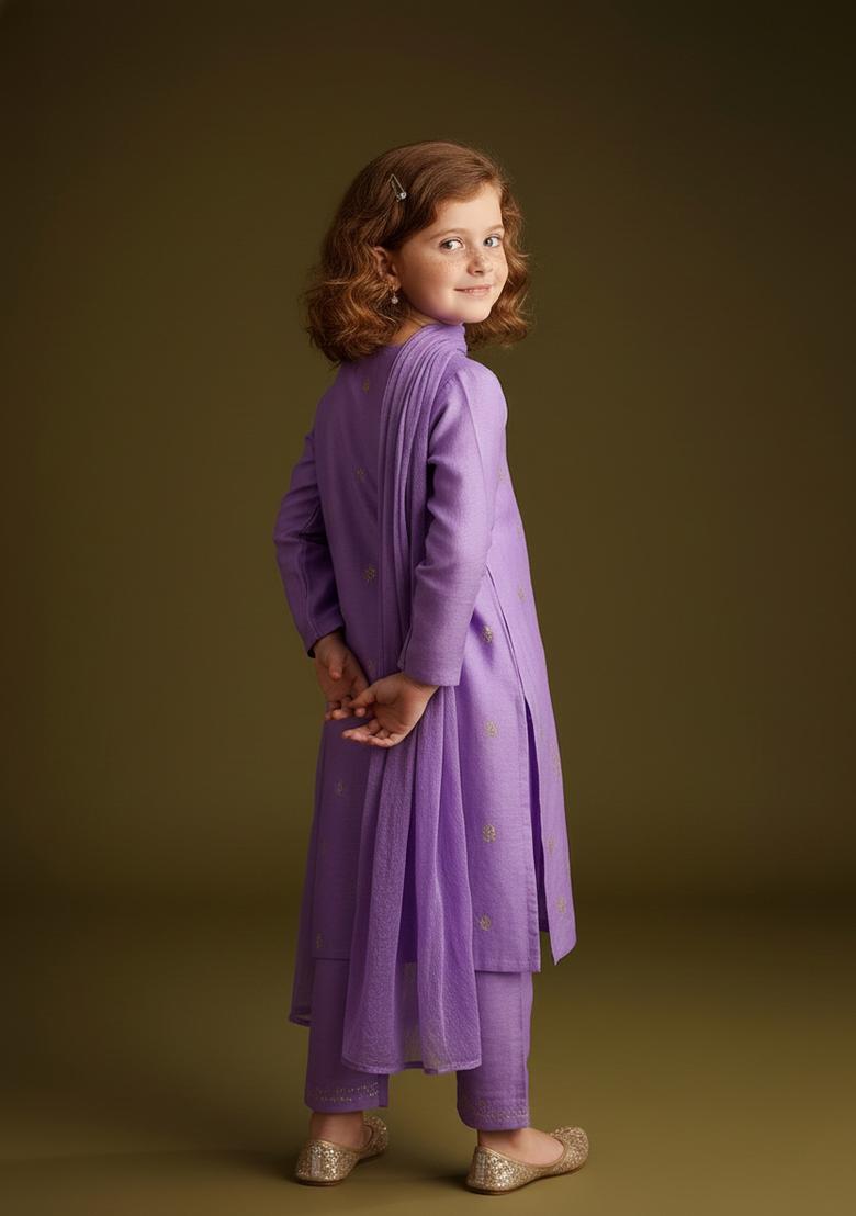 Girls Lavender Embroidered Tissue Kurta Set - Indya