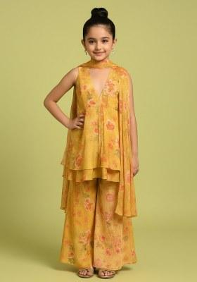 Girls Yellow Floral Print Chiffon Kurta Set