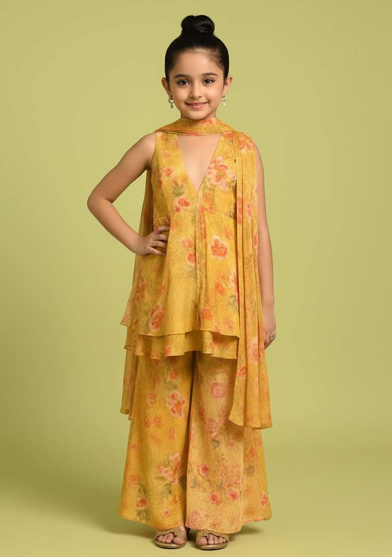 Girls Yellow Floral Print Chiffon Kurta Set - Indya