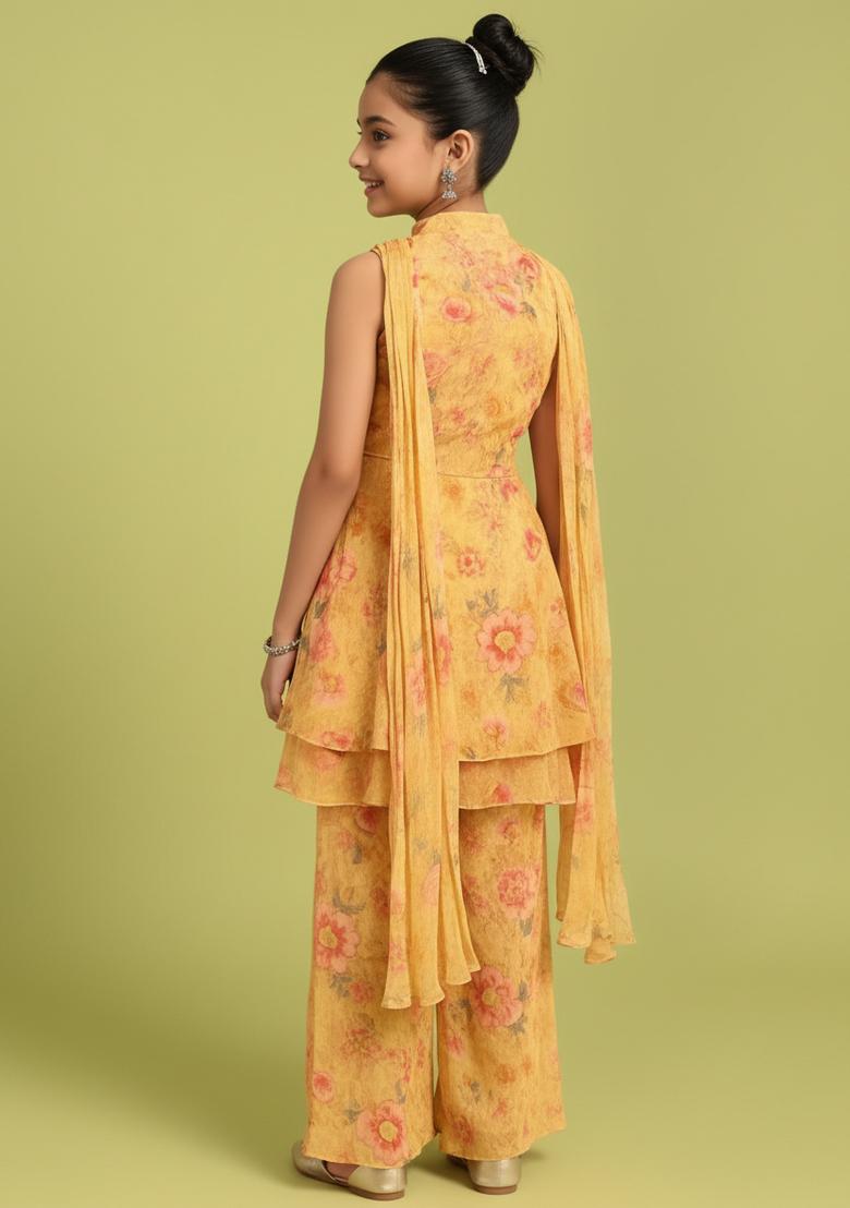 Girls Yellow Floral Print Chiffon Kurta Set - Indya