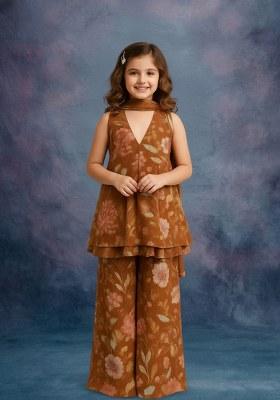 Girls Brown Floral Print Chiffon Kurta Set