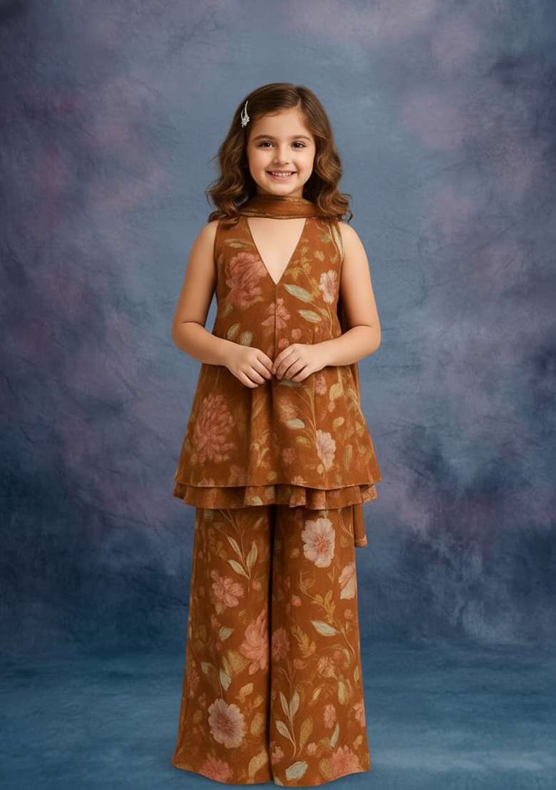 Girls Brown Floral Print Chiffon Kurta Set - Indya