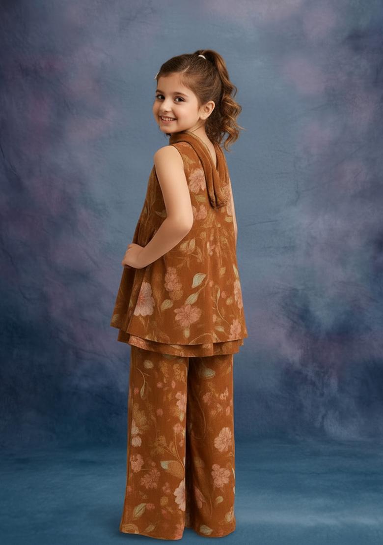 Girls Brown Floral Print Chiffon Kurta Set - Indya