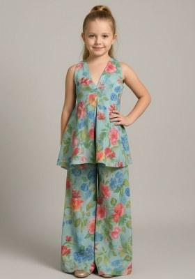 Girls Light Blue Floral Print Chiffon Kurta Set