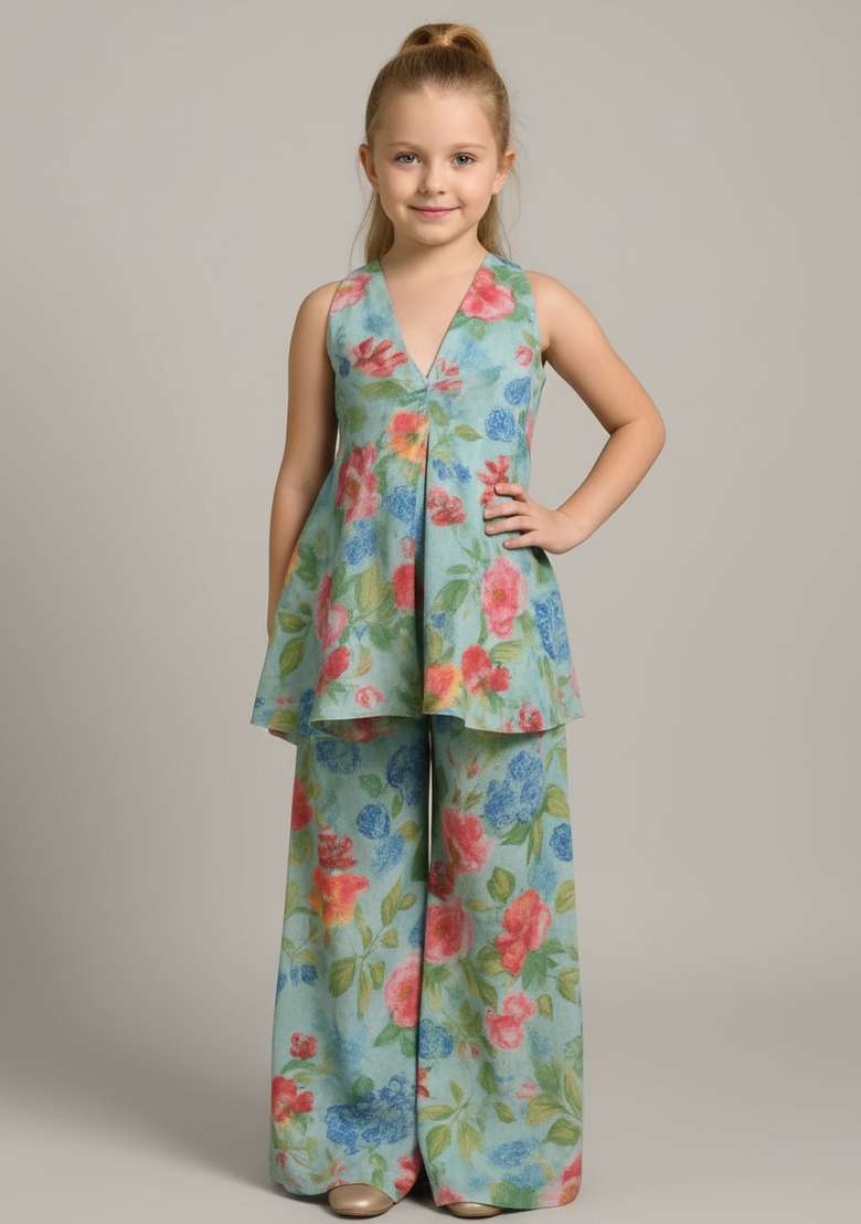 Girls Light Blue Floral Print Chiffon Kurta Set - Indya