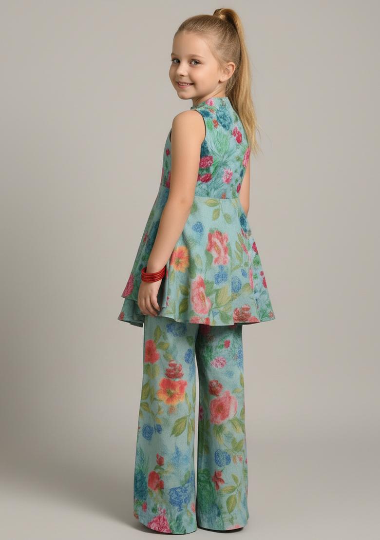 Girls Light Blue Floral Print Chiffon Kurta Set - Indya
