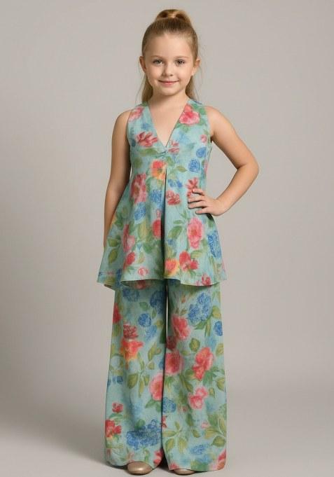 Girls Light Blue Floral Print Chiffon Kurta Set