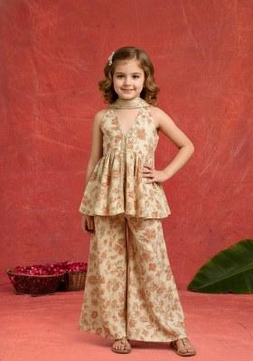 Girls Beige Floral Print Chiffon Kurta Set