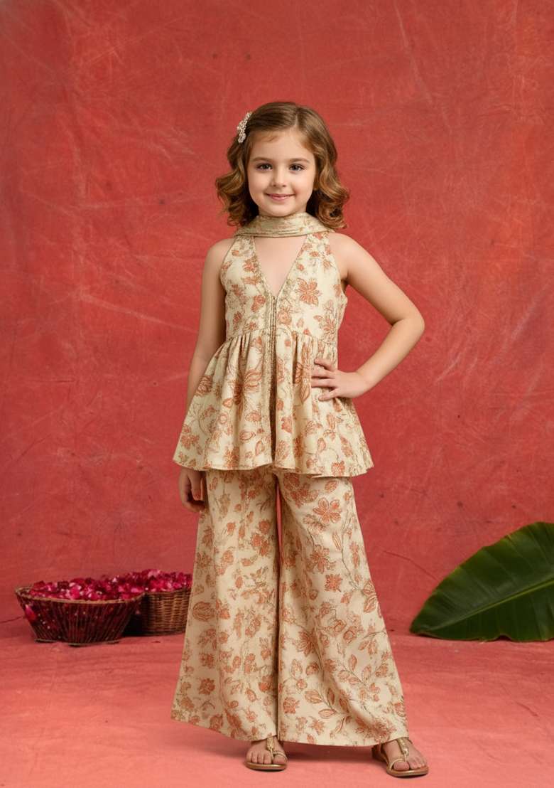 Girls Beige Floral Print Chiffon Kurta Set - Indya