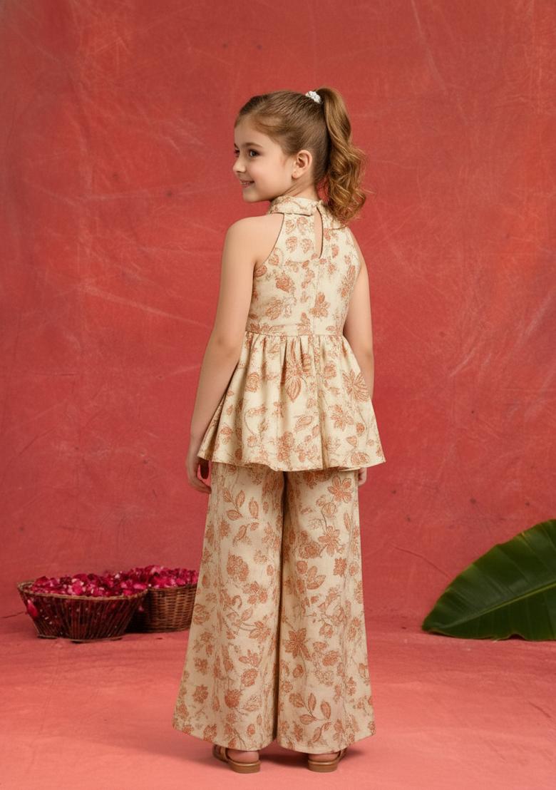 Girls Beige Floral Print Chiffon Kurta Set - Indya