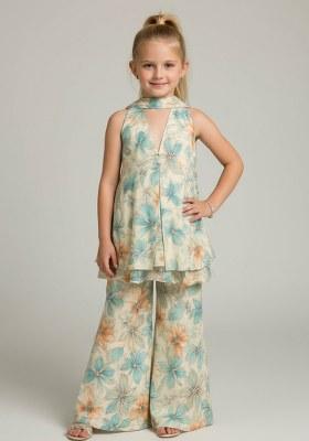 Girls Multicolor Floral Print Chiffon Kurta Set