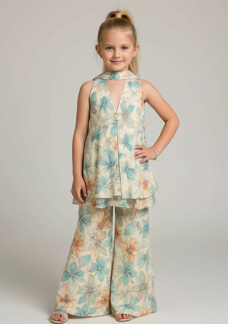 Girls Multicolor Floral Print Chiffon Kurta Set - Indya
