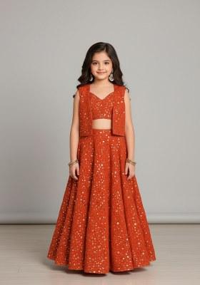 Girls Orange Embroidered Georgette Lehenga Set