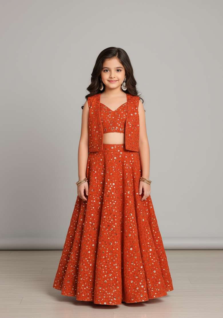 Girls Orange Embroidered Georgette Lehenga Set - Indya