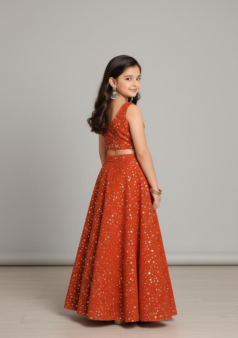 Girls Orange Embroidered Georgette Lehenga Set - Indya