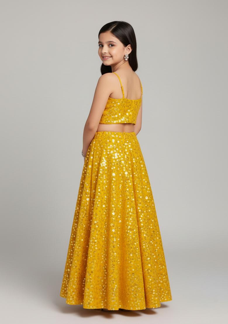 Girls Yellow Embroidered Georgette Lehenga Set