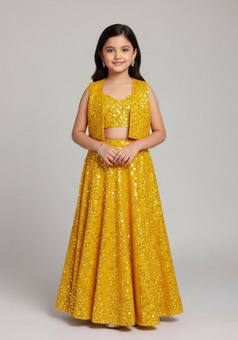 Girls Yellow Embroidered Georgette Lehenga Set