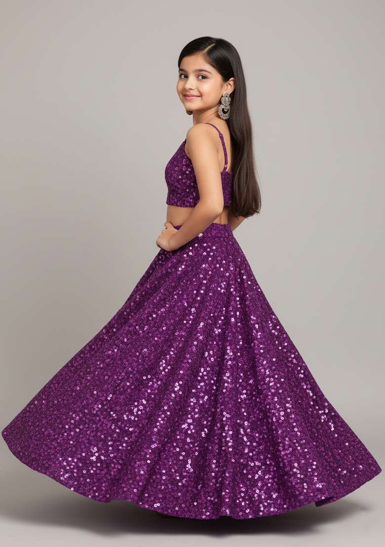 Girls Plum Embroidered Georgette Lehenga Set - Indya
