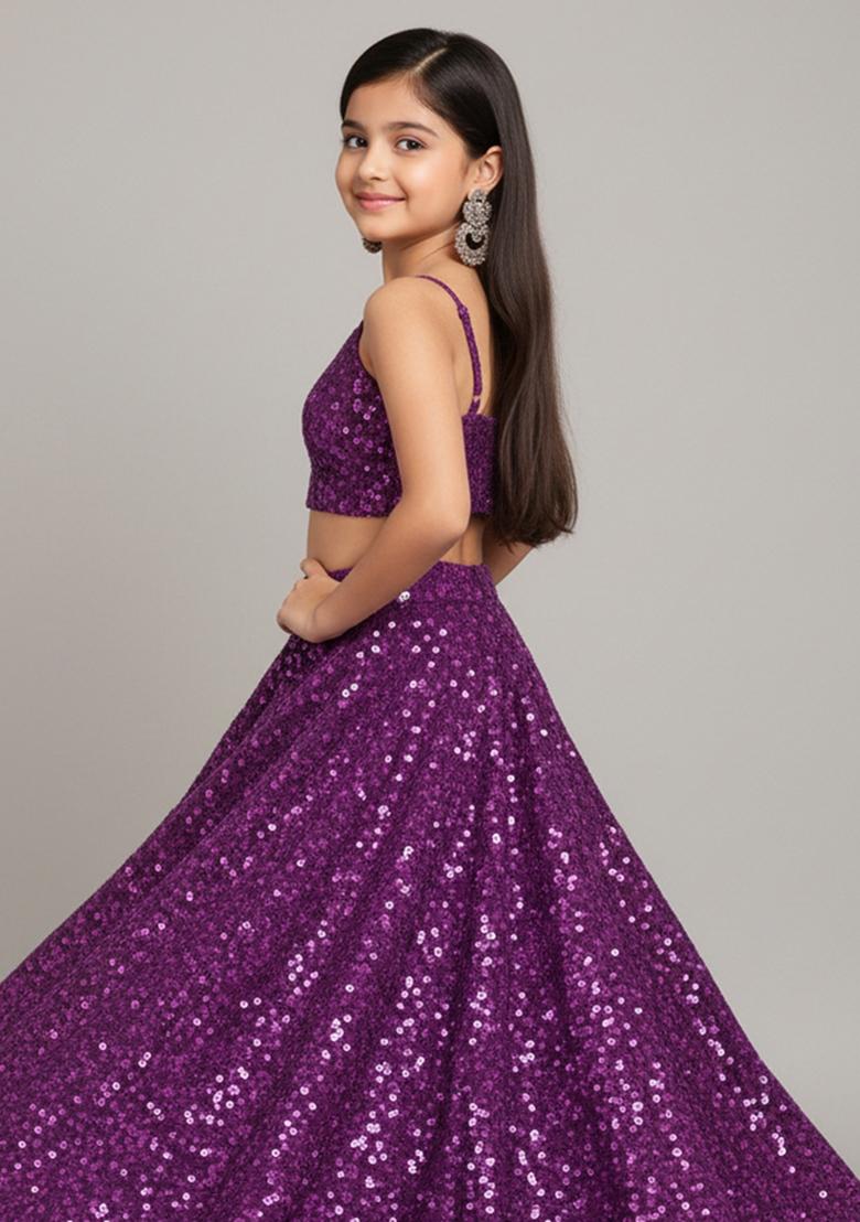 Girls Plum Embroidered Georgette Lehenga Set - Indya