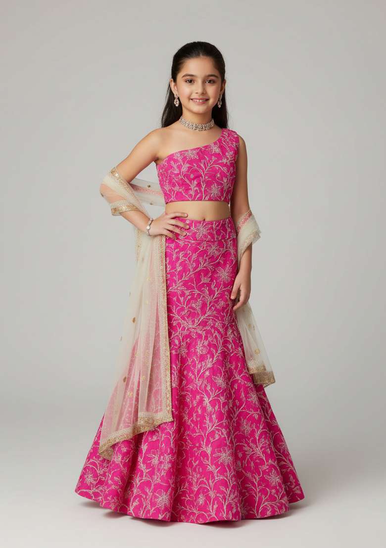 Girls Pink Embroidered Georgette Lehenga Set - Indya