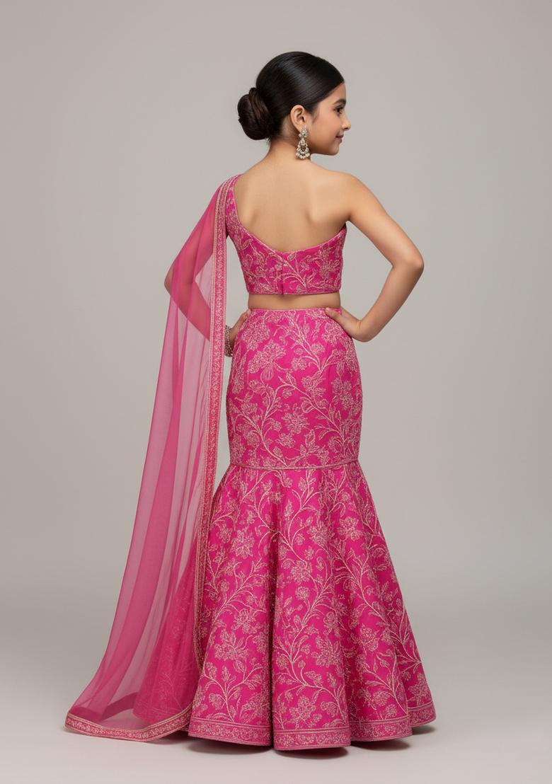 Girls Pink Embroidered Georgette Lehenga Set - Indya