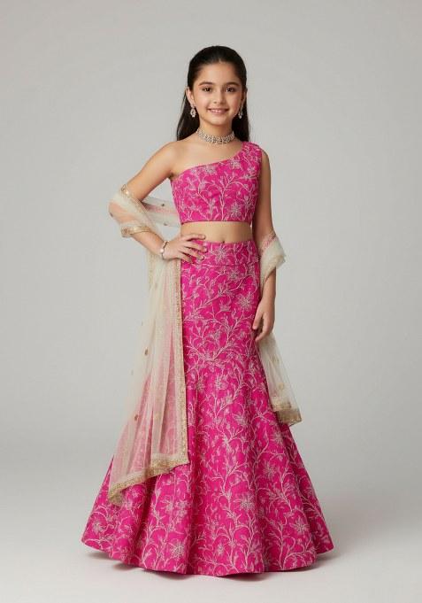 Girls Pink Embroidered Georgette Lehenga Set