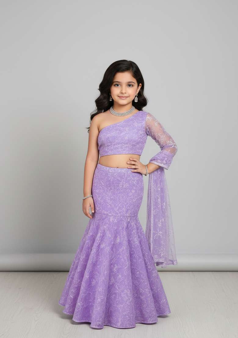 Girls Purple Embroidered Georgette Lehenga Set - Indya
