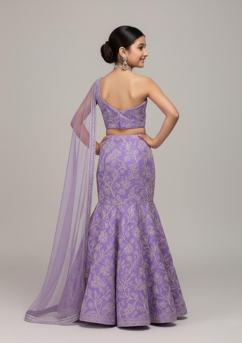 Girls Purple Embroidered Georgette Lehenga Set - Indya